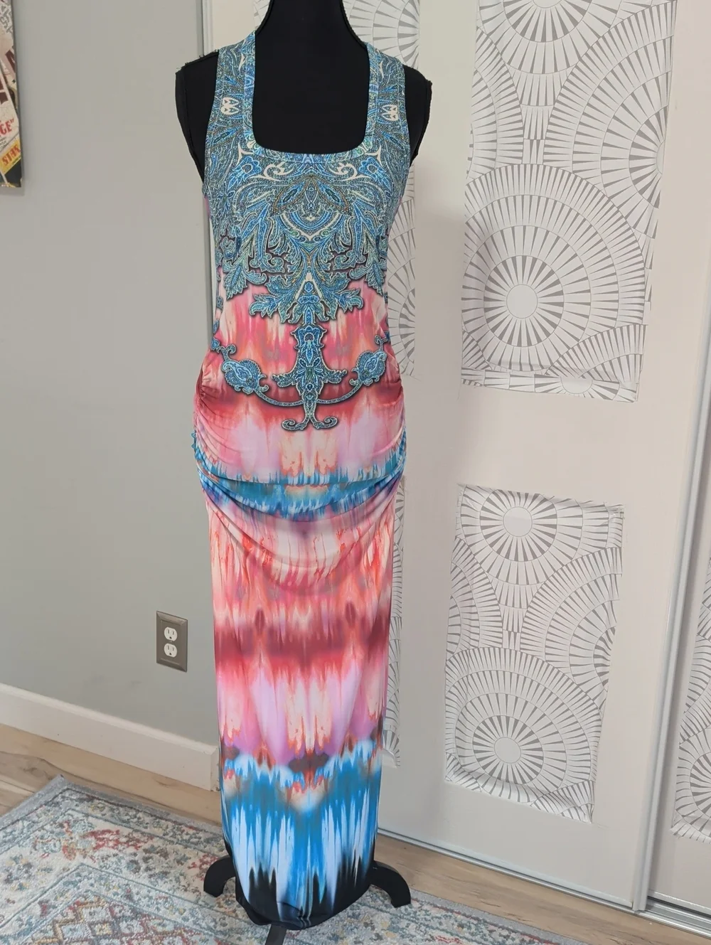 VENUS Blue and Pink Tie-Dye Maxi Dress with Embellished Bodice
